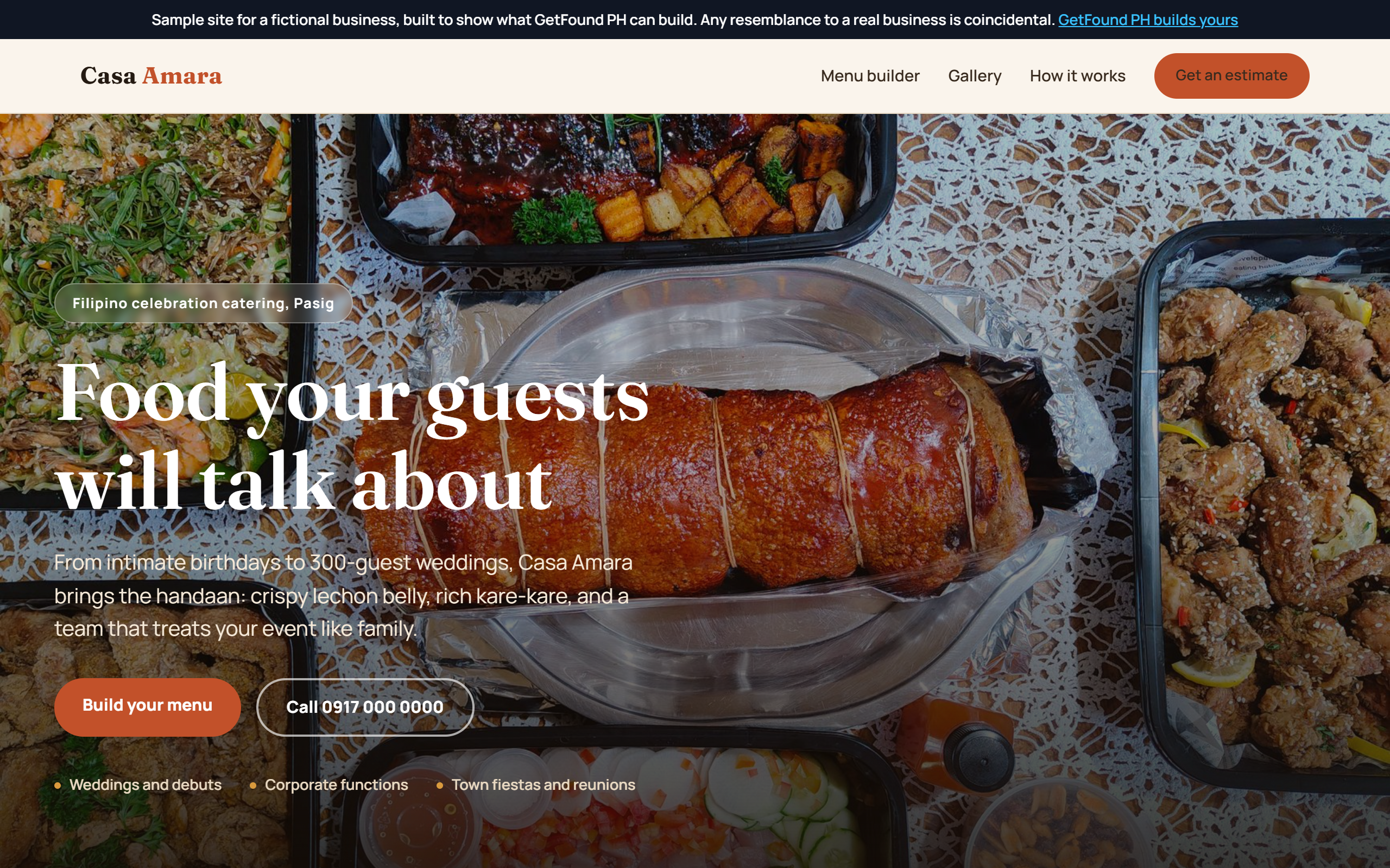 Sample catering website with live package configurator