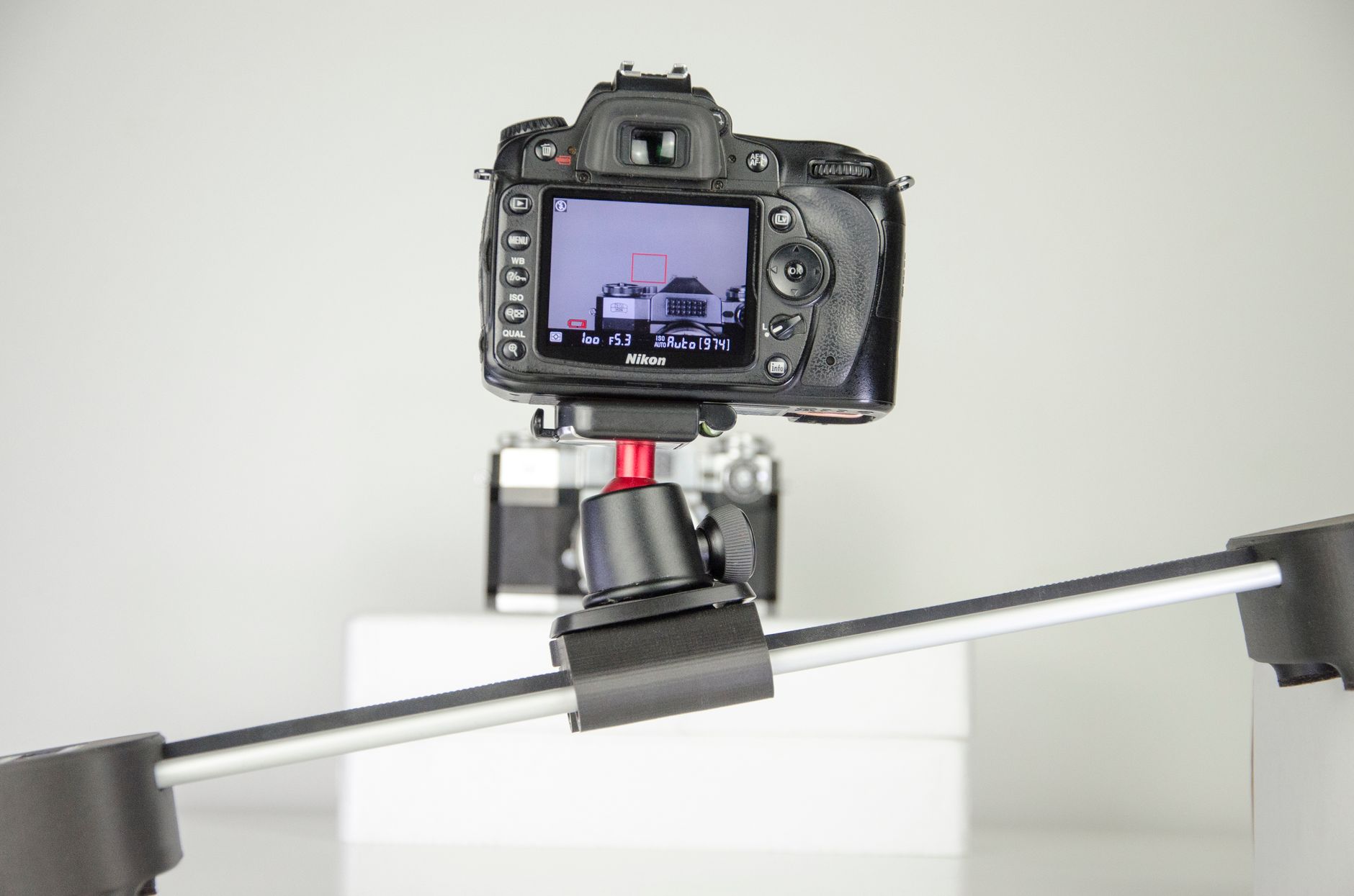 Camera mounted on a slider rig